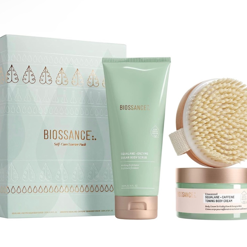 NIB Biossance Self-Care Starter Set Sugar Body Scrub Caffeine Toning Body Cream